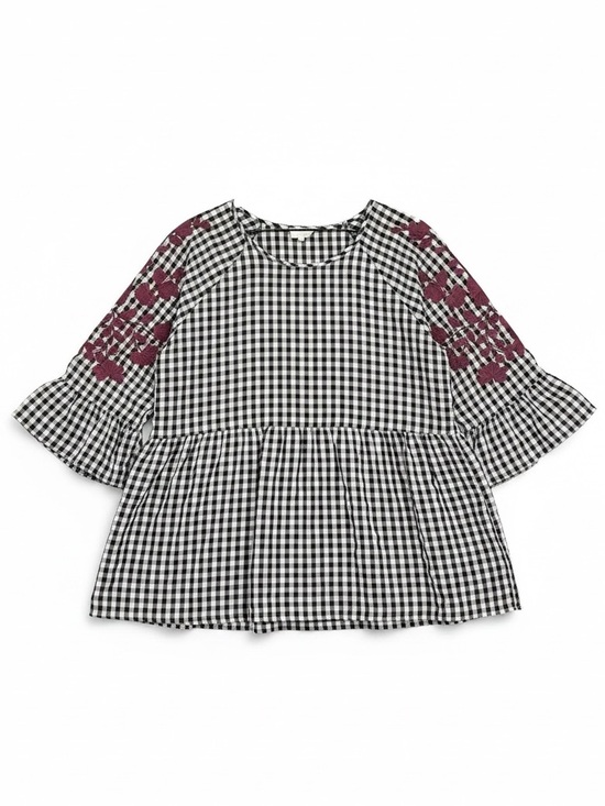 Layerz Tops - Layerz Embroidered Top Pink Black Gingham Peasant Ruffled Size XL